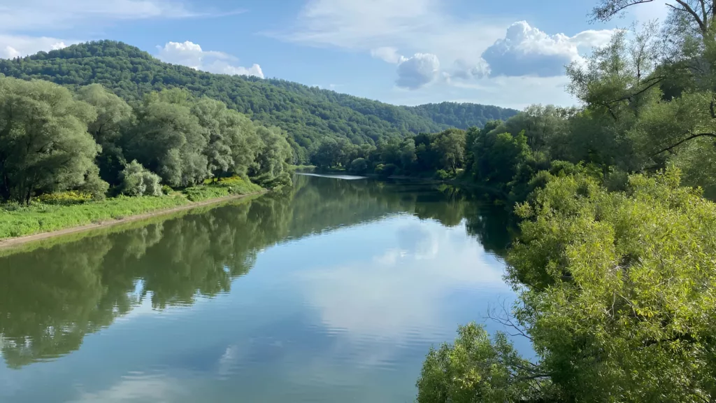 Tło przedstawia rzekę San, w tle widać góry