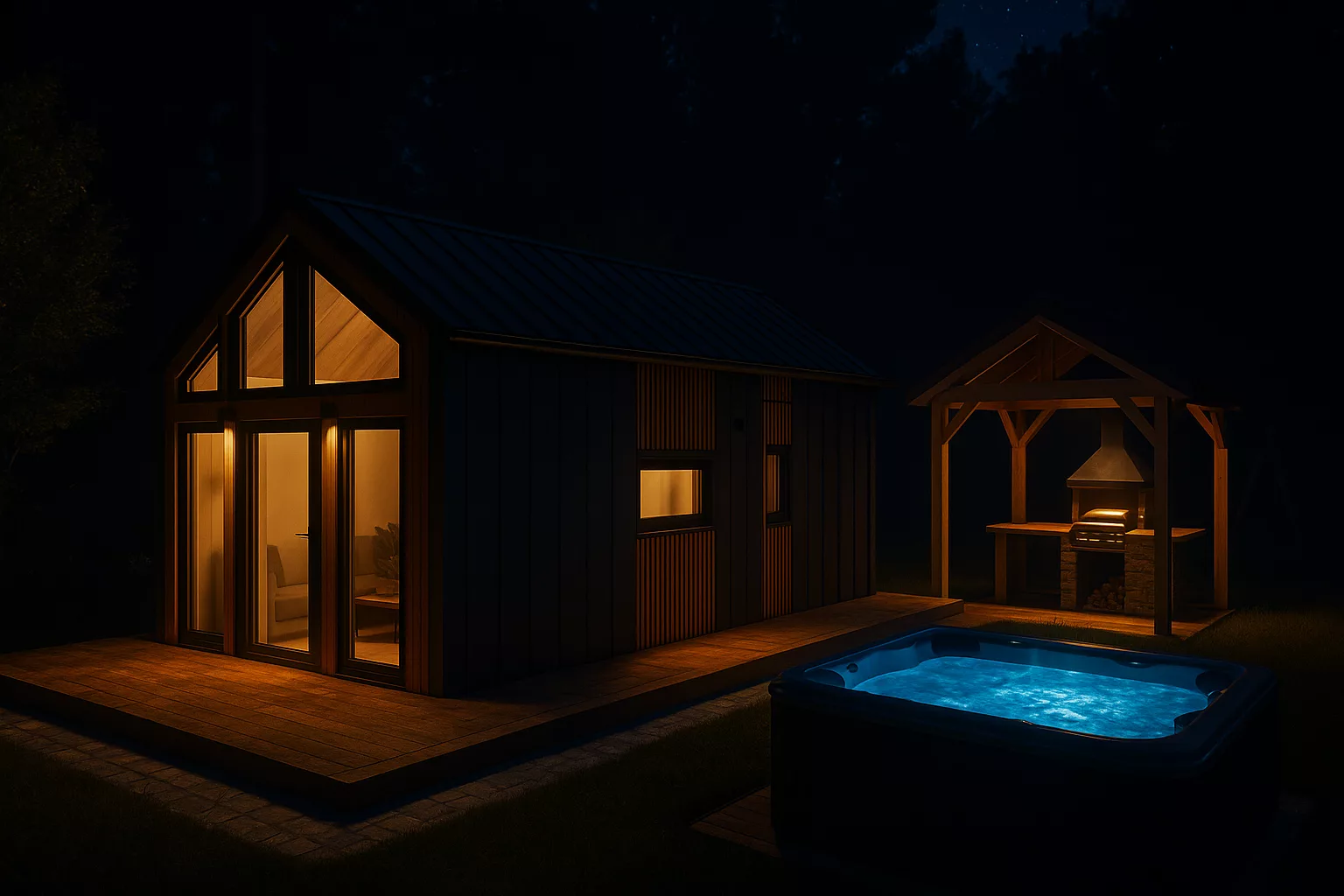 Drewniany domek w środku nocy po prawej stronie widoczne jest jacuzzi oraz altanka z grillem