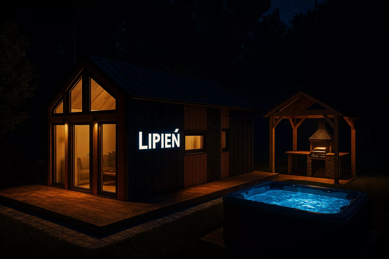 Drewniany domek w środku nocy, z napisem "Lipień", po prawej stronie widoczne jest jacuzzi oraz altanka z grillem