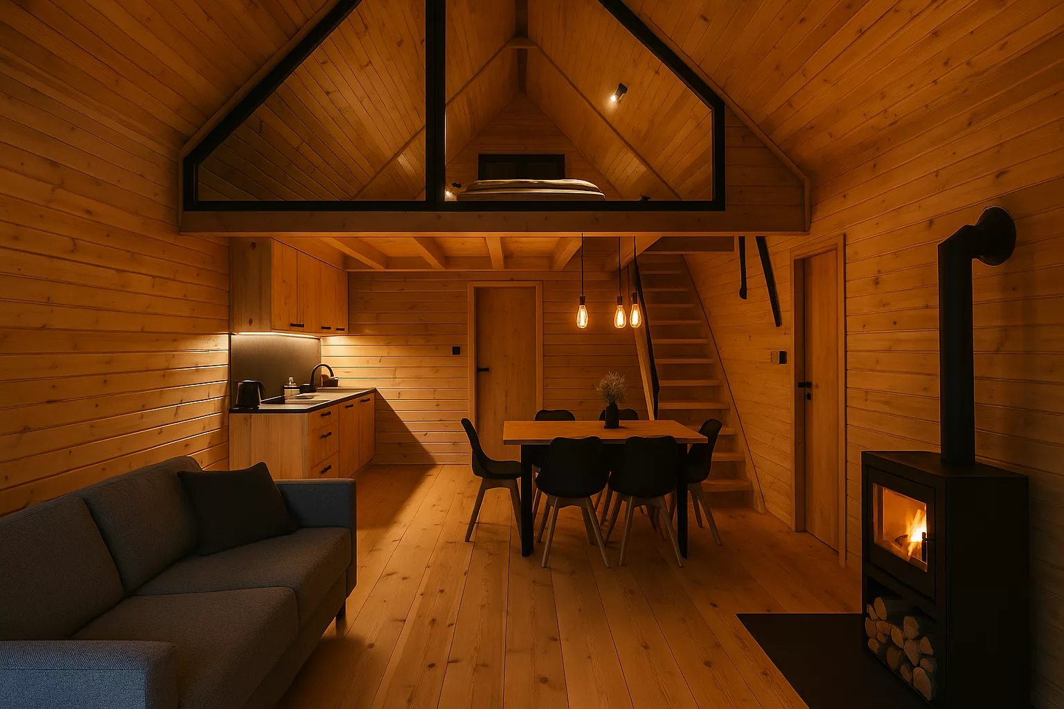 Wnętrze domu, z salonem, aneksem kuchennym, jadalnią oraz antresolą z łóżkiem