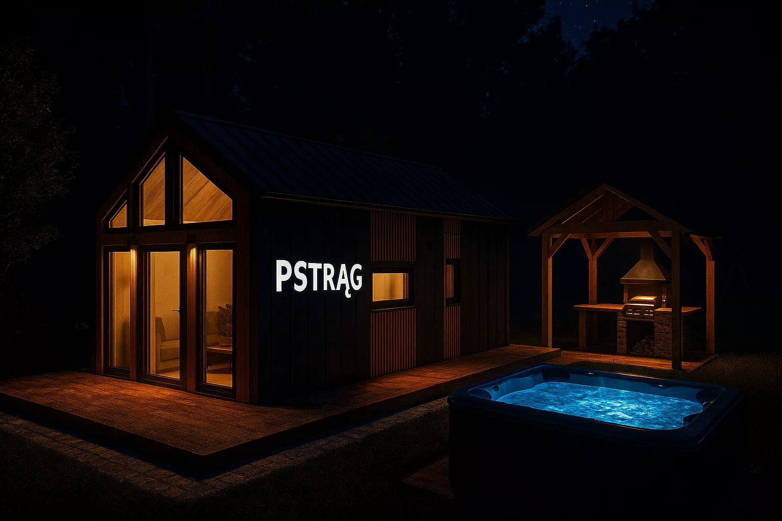Drewniany domek w środku nocy, z napisem "Pstrąg", po prawej stronie widoczne jest jacuzzi oraz altanka z grillem